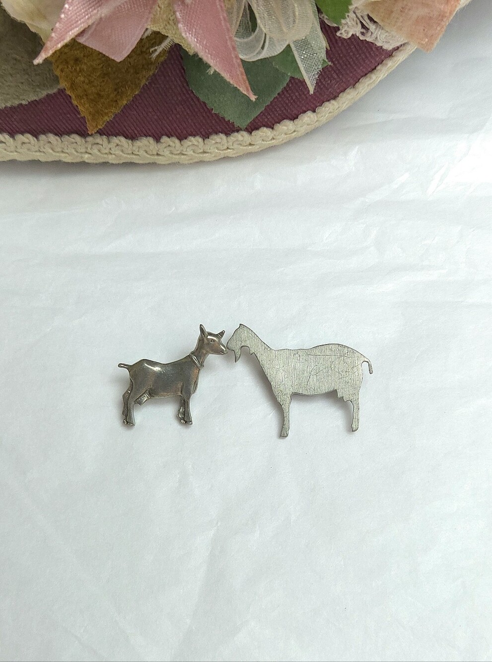 2 Vintage Pewter Goat Pin & Brooch
